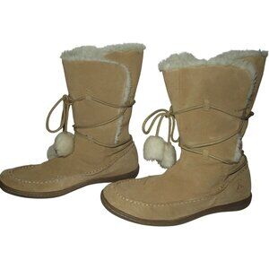 Airwalk Boots Womens 10 Tan Brown Suede Leather Faux Fur Lining Pom Pom Lace-up